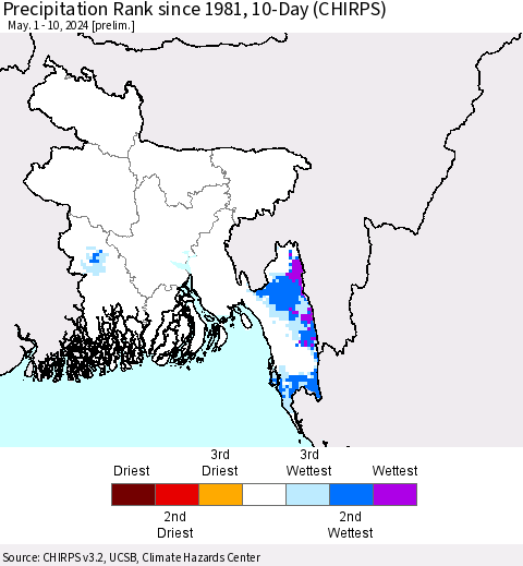 Bangladesh Precipitation Rank since 1981, 10-Day (CHIRPS) Thematic Map For 5/1/2024 - 5/10/2024