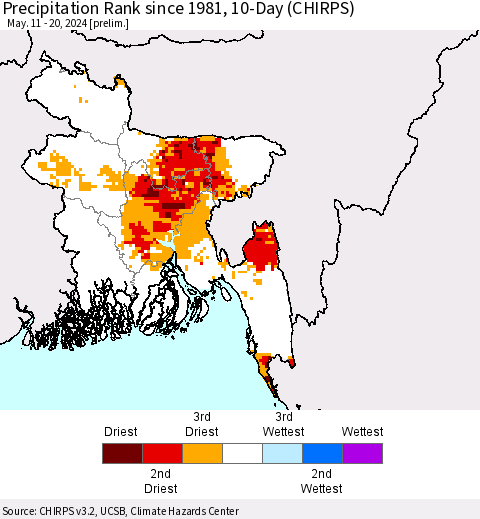 Bangladesh Precipitation Rank since 1981, 10-Day (CHIRPS) Thematic Map For 5/11/2024 - 5/20/2024