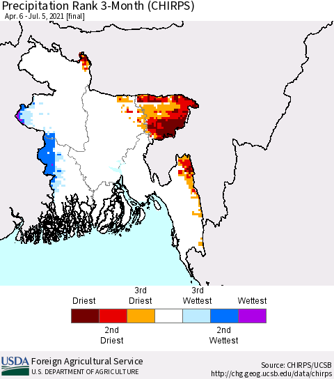 Bangladesh Precipitation Rank since 1981, 3-Month (CHIRPS) Thematic Map For 4/6/2021 - 7/5/2021