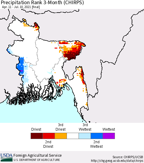 Bangladesh Precipitation Rank since 1981, 3-Month (CHIRPS) Thematic Map For 4/11/2021 - 7/10/2021
