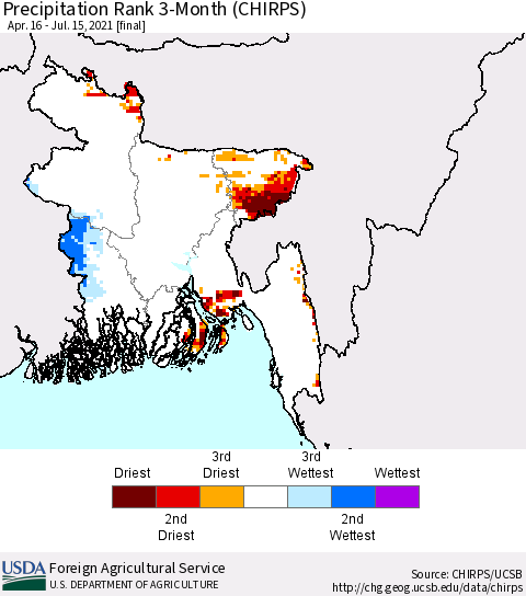 Bangladesh Precipitation Rank since 1981, 3-Month (CHIRPS) Thematic Map For 4/16/2021 - 7/15/2021