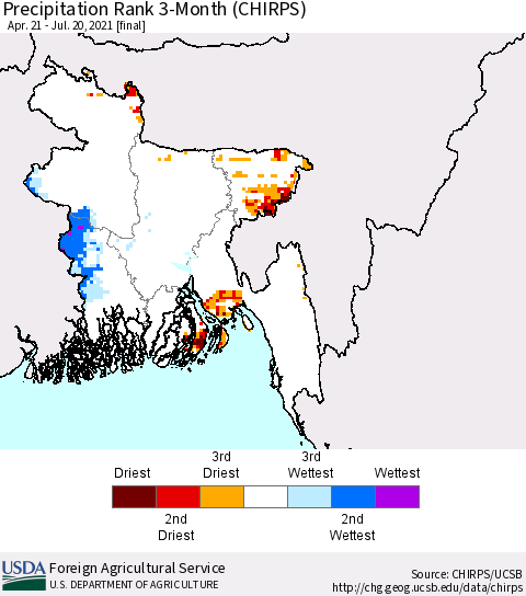 Bangladesh Precipitation Rank since 1981, 3-Month (CHIRPS) Thematic Map For 4/21/2021 - 7/20/2021