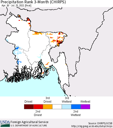 Bangladesh Precipitation Rank since 1981, 3-Month (CHIRPS) Thematic Map For 4/26/2021 - 7/25/2021