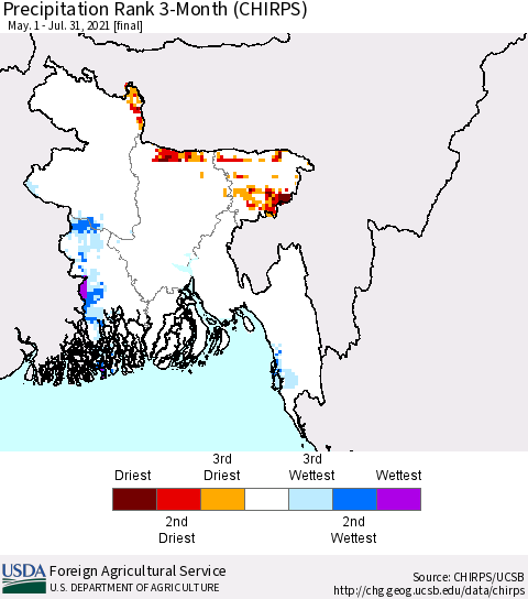 Bangladesh Precipitation Rank since 1981, 3-Month (CHIRPS) Thematic Map For 5/1/2021 - 7/31/2021