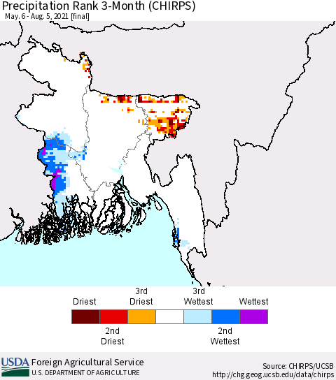 Bangladesh Precipitation Rank since 1981, 3-Month (CHIRPS) Thematic Map For 5/6/2021 - 8/5/2021