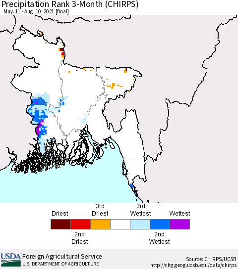 Bangladesh Precipitation Rank since 1981, 3-Month (CHIRPS) Thematic Map For 5/11/2021 - 8/10/2021