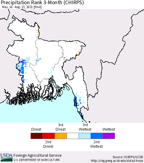 Bangladesh Precipitation Rank since 1981, 3-Month (CHIRPS) Thematic Map For 5/16/2021 - 8/15/2021