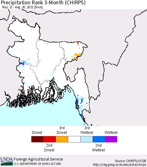 Bangladesh Precipitation Rank since 1981, 3-Month (CHIRPS) Thematic Map For 5/21/2021 - 8/20/2021