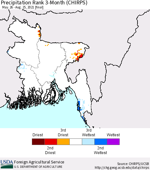 Bangladesh Precipitation Rank since 1981, 3-Month (CHIRPS) Thematic Map For 5/26/2021 - 8/25/2021