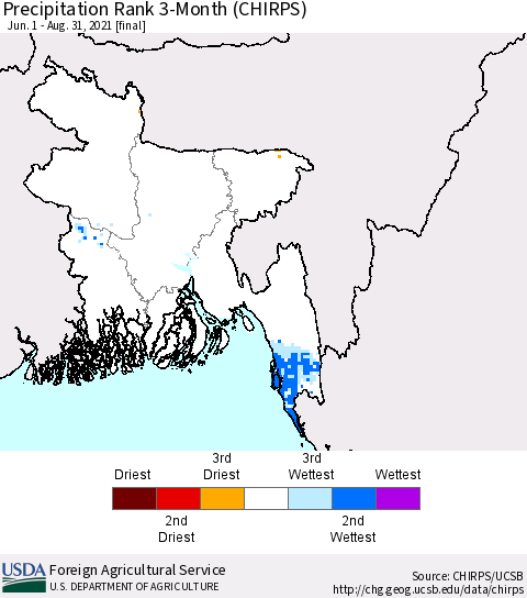 Bangladesh Precipitation Rank since 1981, 3-Month (CHIRPS) Thematic Map For 6/1/2021 - 8/31/2021