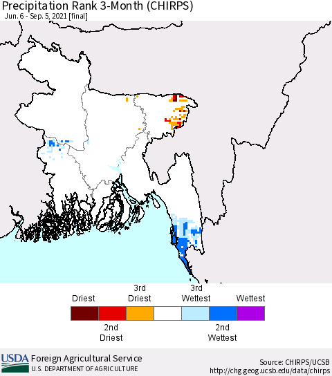 Bangladesh Precipitation Rank since 1981, 3-Month (CHIRPS) Thematic Map For 6/6/2021 - 9/5/2021