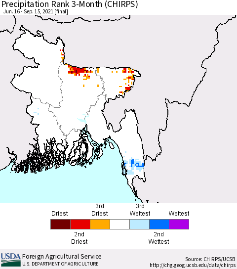 Bangladesh Precipitation Rank since 1981, 3-Month (CHIRPS) Thematic Map For 6/16/2021 - 9/15/2021