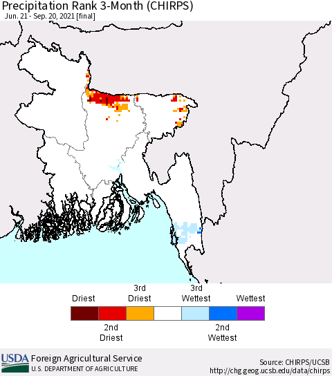 Bangladesh Precipitation Rank since 1981, 3-Month (CHIRPS) Thematic Map For 6/21/2021 - 9/20/2021