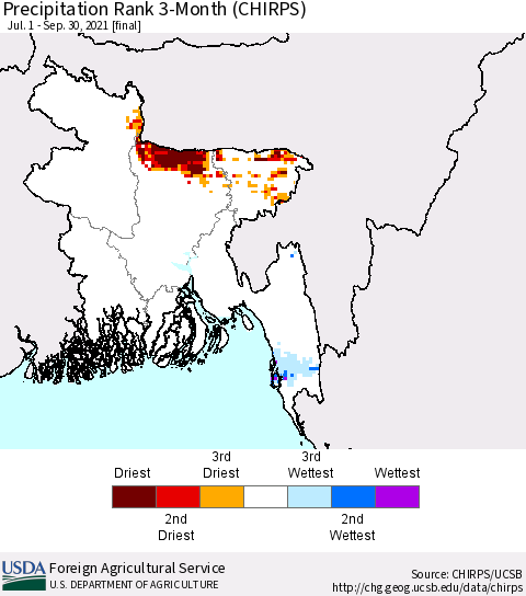 Bangladesh Precipitation Rank since 1981, 3-Month (CHIRPS) Thematic Map For 7/1/2021 - 9/30/2021