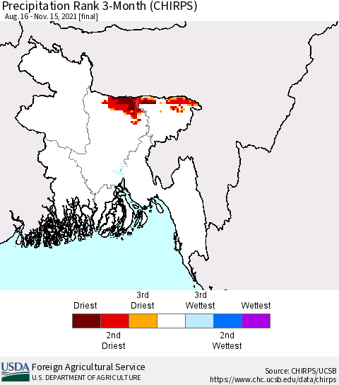 Bangladesh Precipitation Rank since 1981, 3-Month (CHIRPS) Thematic Map For 8/16/2021 - 11/15/2021