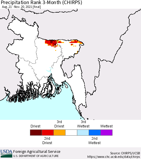 Bangladesh Precipitation Rank since 1981, 3-Month (CHIRPS) Thematic Map For 8/21/2021 - 11/20/2021