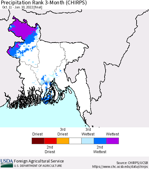 Bangladesh Precipitation Rank since 1981, 3-Month (CHIRPS) Thematic Map For 10/11/2021 - 1/10/2022