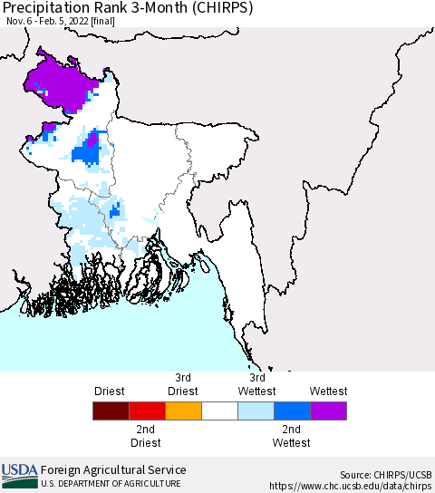 Bangladesh Precipitation Rank since 1981, 3-Month (CHIRPS) Thematic Map For 11/6/2021 - 2/5/2022