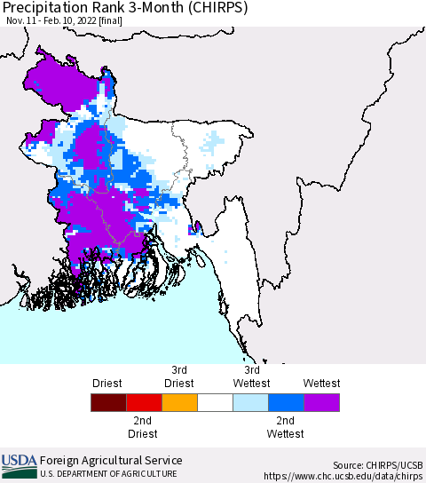 Bangladesh Precipitation Rank since 1981, 3-Month (CHIRPS) Thematic Map For 11/11/2021 - 2/10/2022