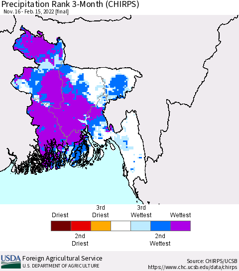Bangladesh Precipitation Rank since 1981, 3-Month (CHIRPS) Thematic Map For 11/16/2021 - 2/15/2022
