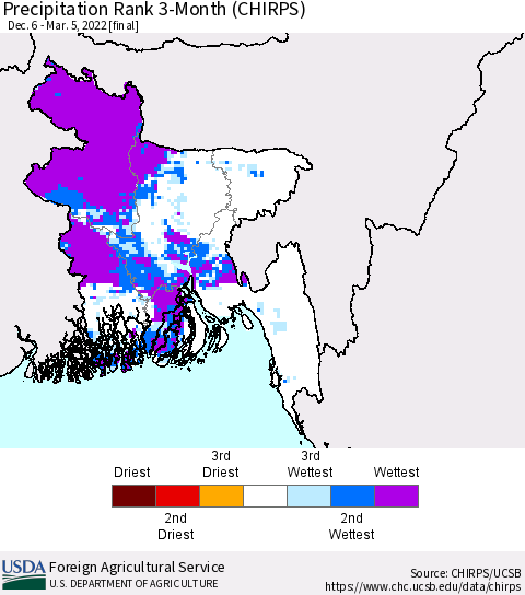 Bangladesh Precipitation Rank since 1981, 3-Month (CHIRPS) Thematic Map For 12/6/2021 - 3/5/2022