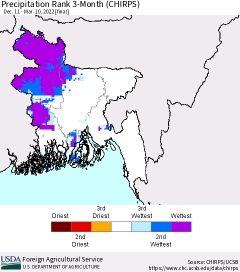 Bangladesh Precipitation Rank since 1981, 3-Month (CHIRPS) Thematic Map For 12/11/2021 - 3/10/2022