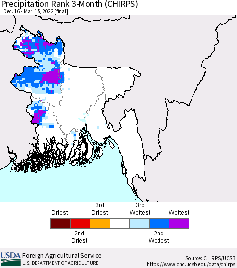 Bangladesh Precipitation Rank since 1981, 3-Month (CHIRPS) Thematic Map For 12/16/2021 - 3/15/2022
