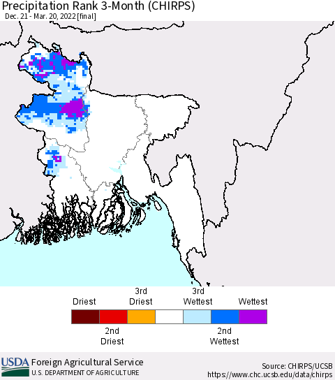 Bangladesh Precipitation Rank since 1981, 3-Month (CHIRPS) Thematic Map For 12/21/2021 - 3/20/2022