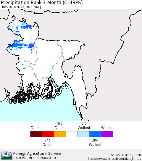 Bangladesh Precipitation Rank since 1981, 3-Month (CHIRPS) Thematic Map For 12/26/2021 - 3/25/2022