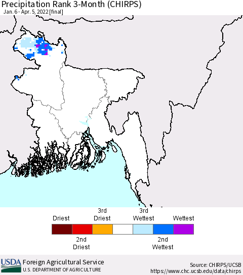 Bangladesh Precipitation Rank since 1981, 3-Month (CHIRPS) Thematic Map For 1/6/2022 - 4/5/2022