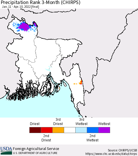 Bangladesh Precipitation Rank since 1981, 3-Month (CHIRPS) Thematic Map For 1/11/2022 - 4/10/2022