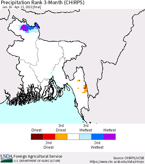 Bangladesh Precipitation Rank since 1981, 3-Month (CHIRPS) Thematic Map For 1/16/2022 - 4/15/2022