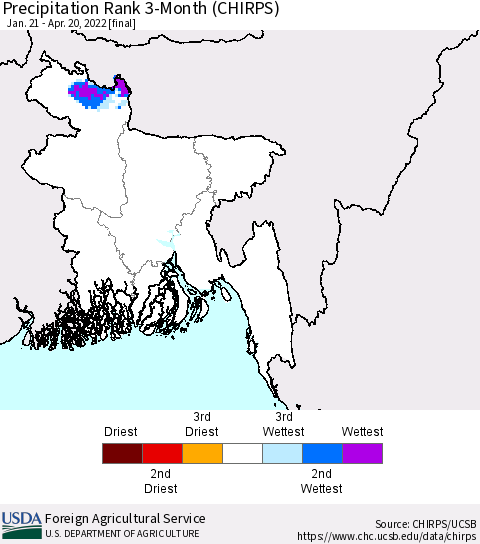 Bangladesh Precipitation Rank since 1981, 3-Month (CHIRPS) Thematic Map For 1/21/2022 - 4/20/2022