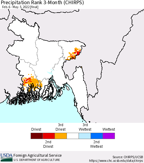 Bangladesh Precipitation Rank since 1981, 3-Month (CHIRPS) Thematic Map For 2/6/2022 - 5/5/2022
