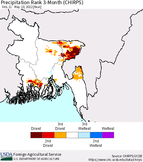 Bangladesh Precipitation Rank since 1981, 3-Month (CHIRPS) Thematic Map For 2/11/2022 - 5/10/2022