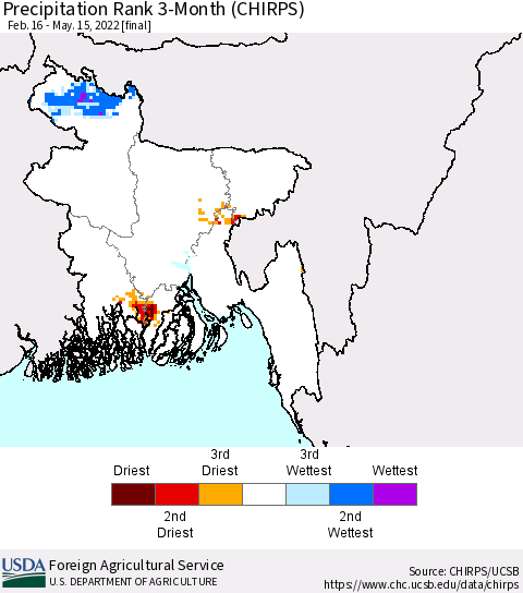 Bangladesh Precipitation Rank since 1981, 3-Month (CHIRPS) Thematic Map For 2/16/2022 - 5/15/2022