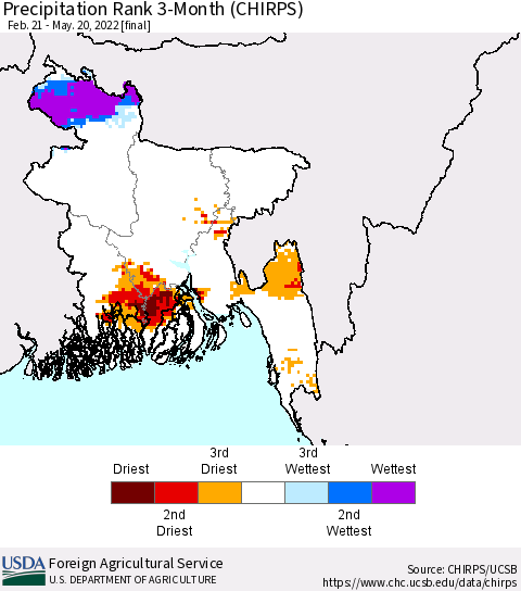 Bangladesh Precipitation Rank since 1981, 3-Month (CHIRPS) Thematic Map For 2/21/2022 - 5/20/2022