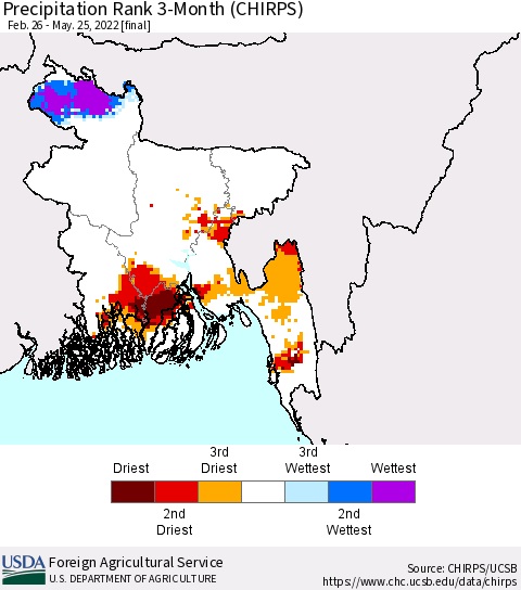 Bangladesh Precipitation Rank since 1981, 3-Month (CHIRPS) Thematic Map For 2/26/2022 - 5/25/2022