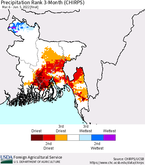 Bangladesh Precipitation Rank since 1981, 3-Month (CHIRPS) Thematic Map For 3/6/2022 - 6/5/2022