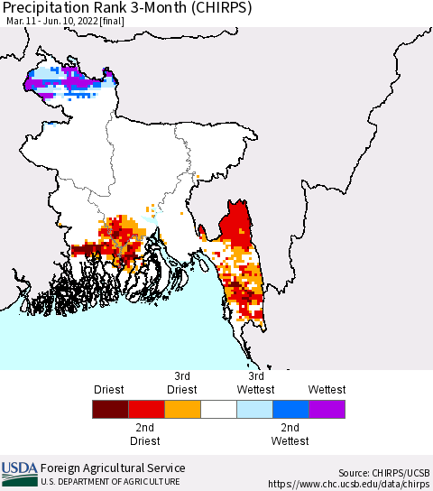 Bangladesh Precipitation Rank since 1981, 3-Month (CHIRPS) Thematic Map For 3/11/2022 - 6/10/2022