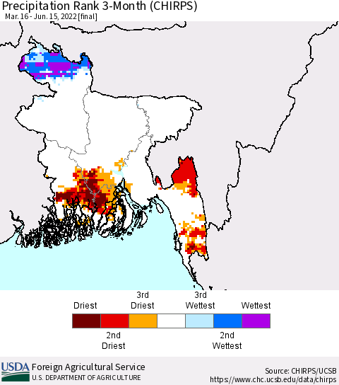 Bangladesh Precipitation Rank since 1981, 3-Month (CHIRPS) Thematic Map For 3/16/2022 - 6/15/2022