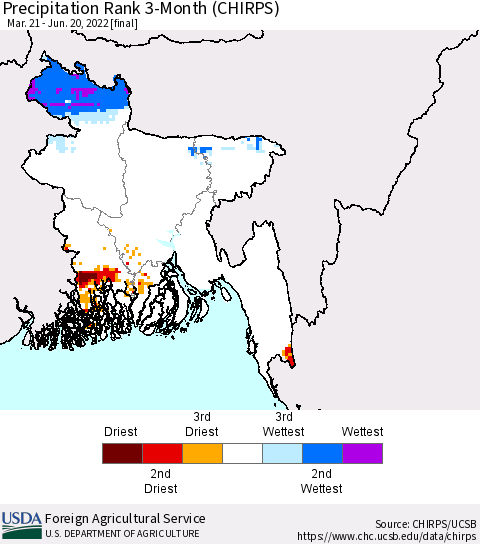 Bangladesh Precipitation Rank since 1981, 3-Month (CHIRPS) Thematic Map For 3/21/2022 - 6/20/2022