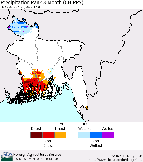 Bangladesh Precipitation Rank since 1981, 3-Month (CHIRPS) Thematic Map For 3/26/2022 - 6/25/2022