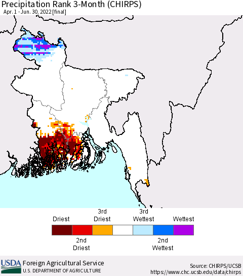 Bangladesh Precipitation Rank since 1981, 3-Month (CHIRPS) Thematic Map For 4/1/2022 - 6/30/2022