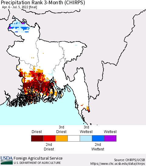Bangladesh Precipitation Rank since 1981, 3-Month (CHIRPS) Thematic Map For 4/6/2022 - 7/5/2022