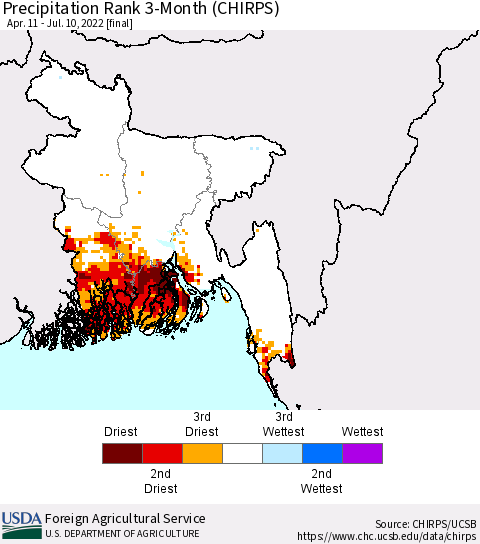 Bangladesh Precipitation Rank since 1981, 3-Month (CHIRPS) Thematic Map For 4/11/2022 - 7/10/2022