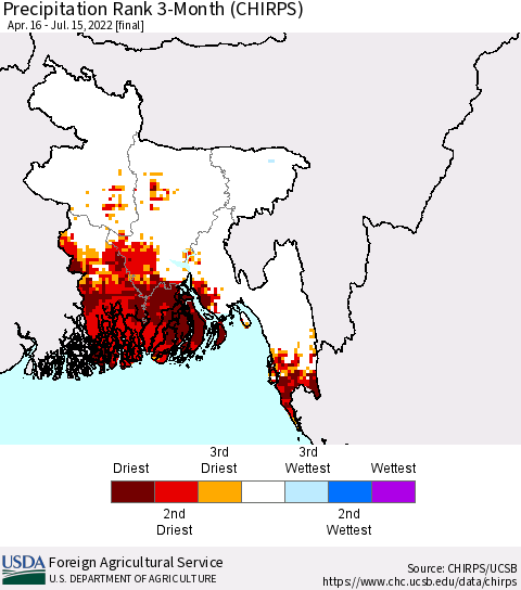Bangladesh Precipitation Rank since 1981, 3-Month (CHIRPS) Thematic Map For 4/16/2022 - 7/15/2022