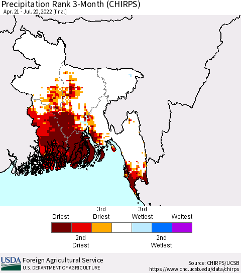 Bangladesh Precipitation Rank since 1981, 3-Month (CHIRPS) Thematic Map For 4/21/2022 - 7/20/2022