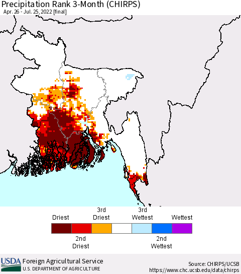 Bangladesh Precipitation Rank since 1981, 3-Month (CHIRPS) Thematic Map For 4/26/2022 - 7/25/2022