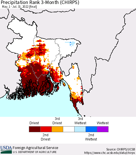 Bangladesh Precipitation Rank since 1981, 3-Month (CHIRPS) Thematic Map For 5/1/2022 - 7/31/2022
